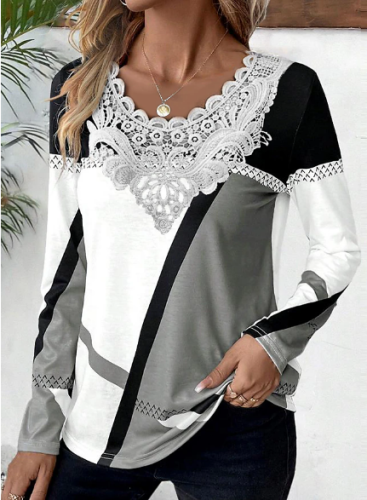 Women's Lace V-Neck Spring Color Block Print Long Sleeve Casual T-Shirt