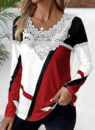 Women's Lace V-Neck Spring Color Block Print Long Sleeve Casual T-Shirt