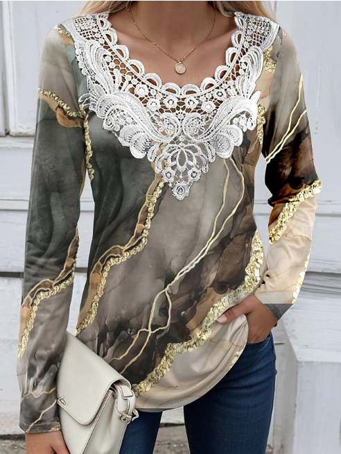 Women's Lace V-Neck Spring Marble Print Long Sleeve Casual T-Shirt