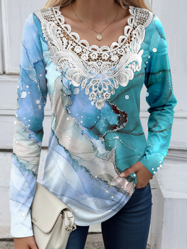 Women's Lace V-Neck Spring Marble Print Long Sleeve Casual T-Shirt