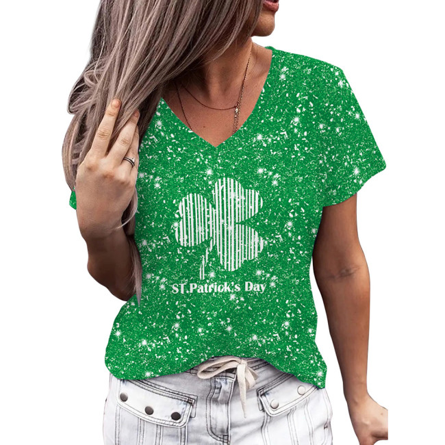 Women's St. Patrick's Day Holiday T-Shirt Full Print Clover Floral V-Neck T-Shirt