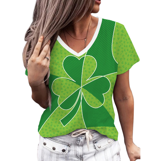 Women's St. Patrick's Day Holiday T-Shirt Full Print Clover Floral V-Neck T-Shirt