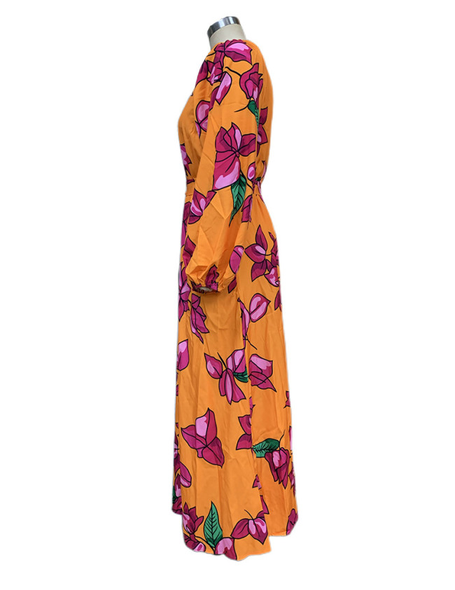 Women's Summer Holiday Dress V-Neck Long Sleeve Maxi Dress Floral Dress