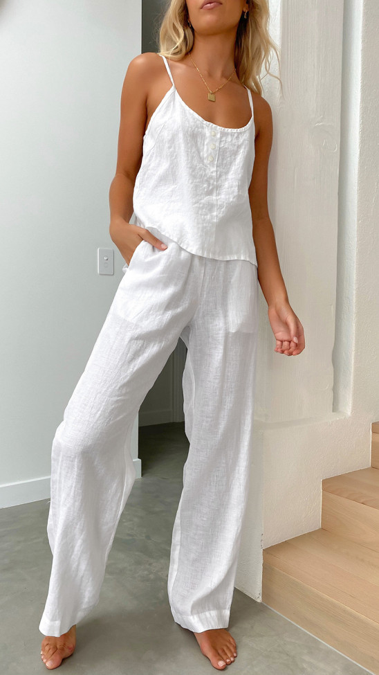 Women's 100% Cotton Set Sleeveless White Suspender and Long Pants  2Piece Set