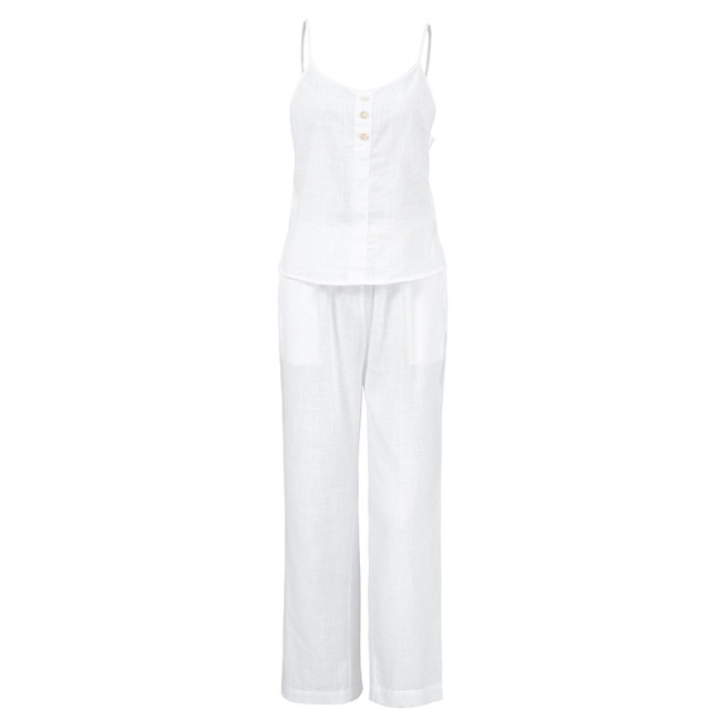 Women's 100% Cotton Set Sleeveless White Suspender and Long Pants  2Piece Set