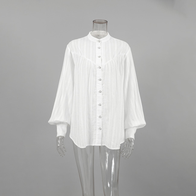 Women's France Style Solid White Cotton Blouse Shirt