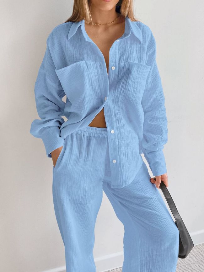 Women's 2024 Daily Set 2Piece Set 100% Cotton Long Sleeve Solid Shirt and Long Pants