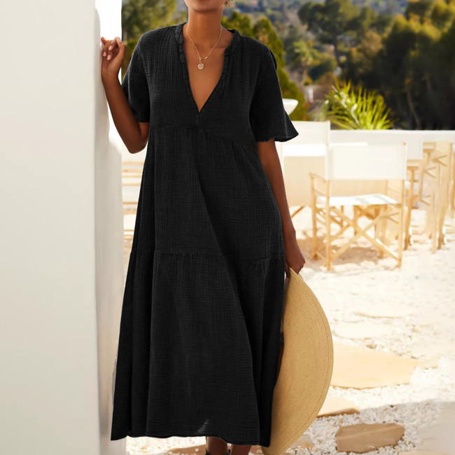 Women's 2024 Summer Holidy Dress V-Neck Short Sleeve Solid Loose Maxi Dresses