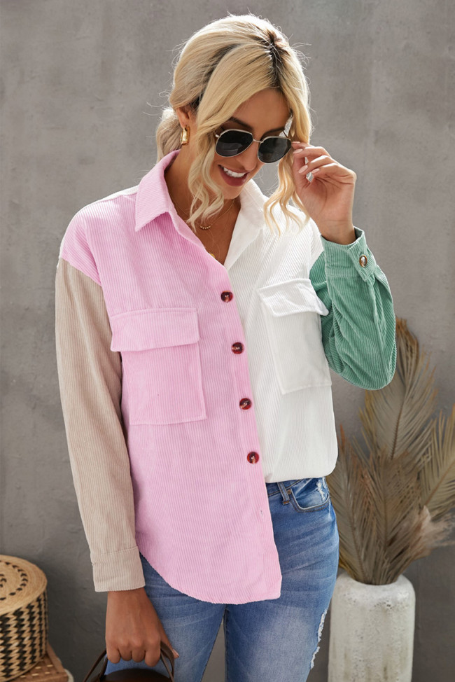 Women's 2024 New Spring Loose Lapel Color Block Shirt Jacket Outwear