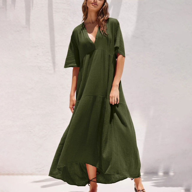 Women's 2024 Summer Holidy Dress V-Neck Short Sleeve Solid Loose Maxi Dresses