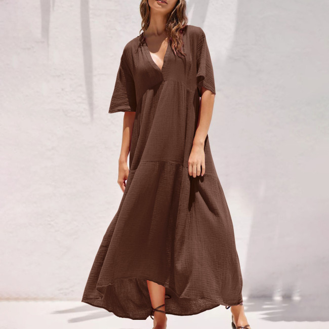Women's 2024 Summer Holidy Dress V-Neck Short Sleeve Solid Loose Maxi Dresses