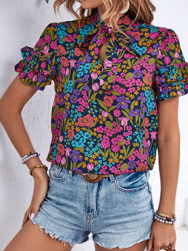 Women's 2024 Floral Blouse Summer Casual Boho Short Sleeve T-shirt