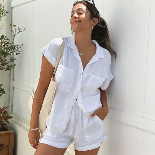 Women's 2024 Two Piece Set 100% Cotton Short Sleeve White Shirt and Short Pants