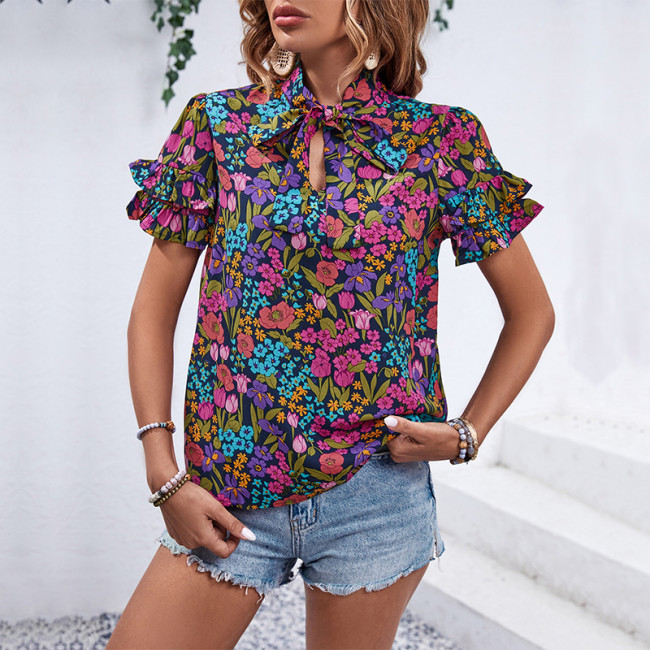Women's 2024 Floral Blouse Summer Casual Boho Short Sleeve T-shirt