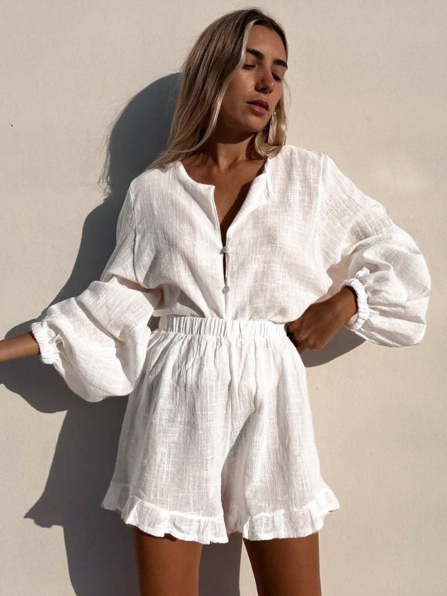 Women's 2024 Two Piece Set 100% Cotton Long Sleeve Solid Shirt and Ruffled Short Pants