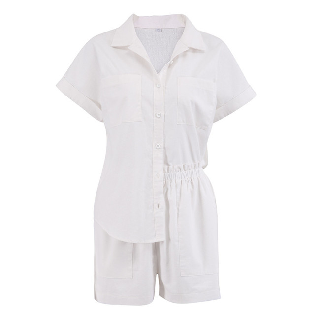 Women's 2024 Two Piece Set 100% Cotton Short Sleeve White Shirt and Short Pants