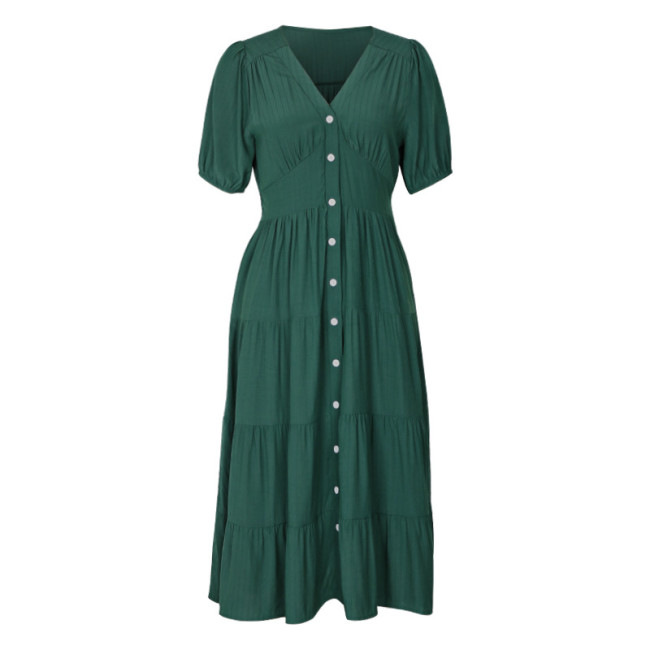 Women's 2024 V-Neck Green Dress Casual Single Breasted Midi Dress