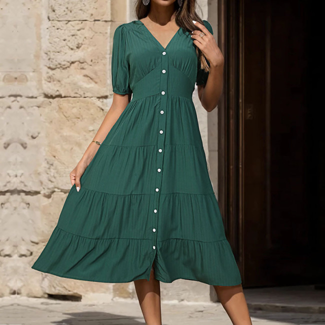 Women's 2024 V-Neck Green Dress Casual Single Breasted Midi Dress
