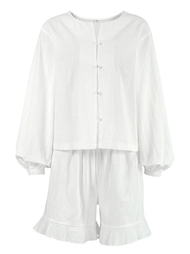 Women's 2024 Two Piece Set 100% Cotton Long Sleeve Solid Shirt and Ruffled Short Pants