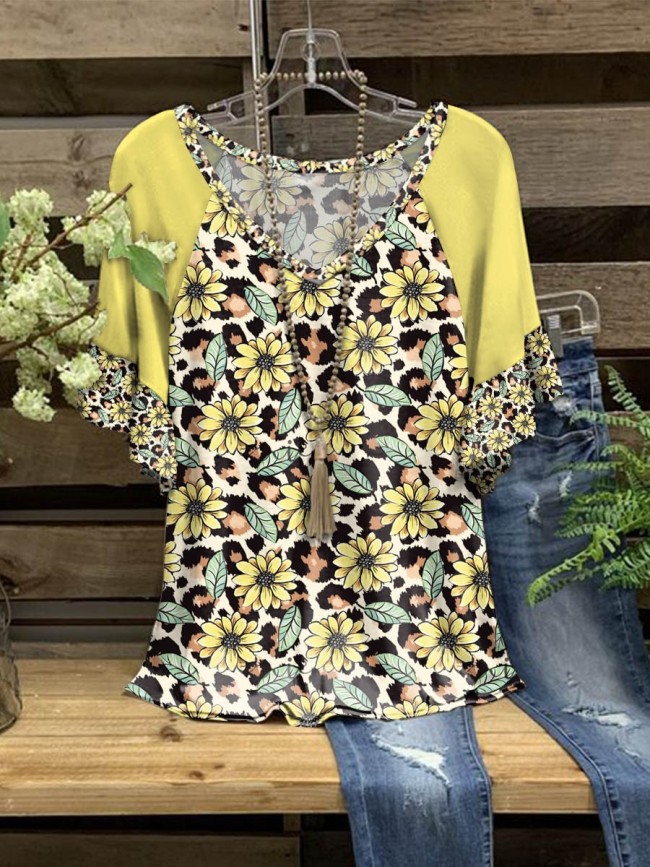 Women's Sunflower Floral Print T-Shirt Casual V-Neck Ruffle Short Sleeve Tee