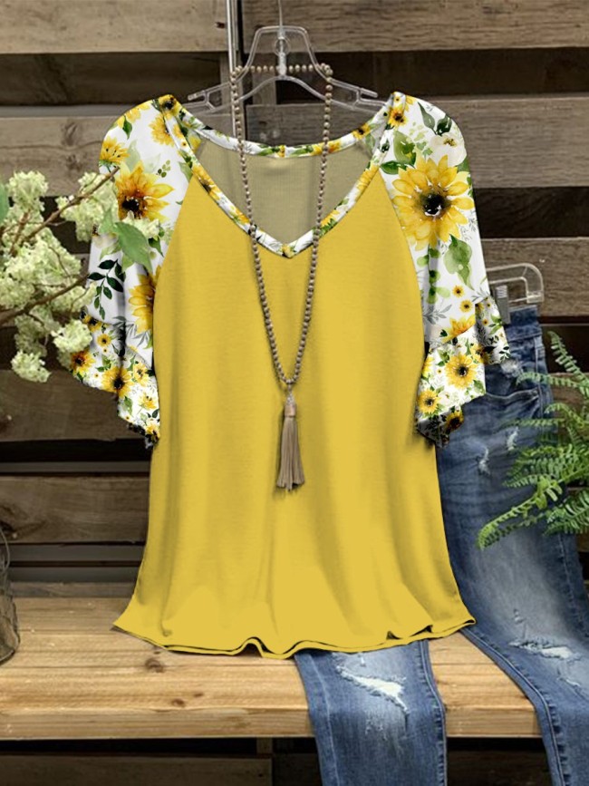 Women's Sunflower Floral Print T-Shirt Casual V-Neck Ruffle Short Sleeve Tee