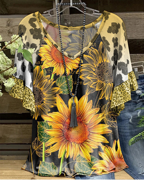 Women's Floral Print T-Shirt Casual V-Neck Ruffle Short Sleeve Tee