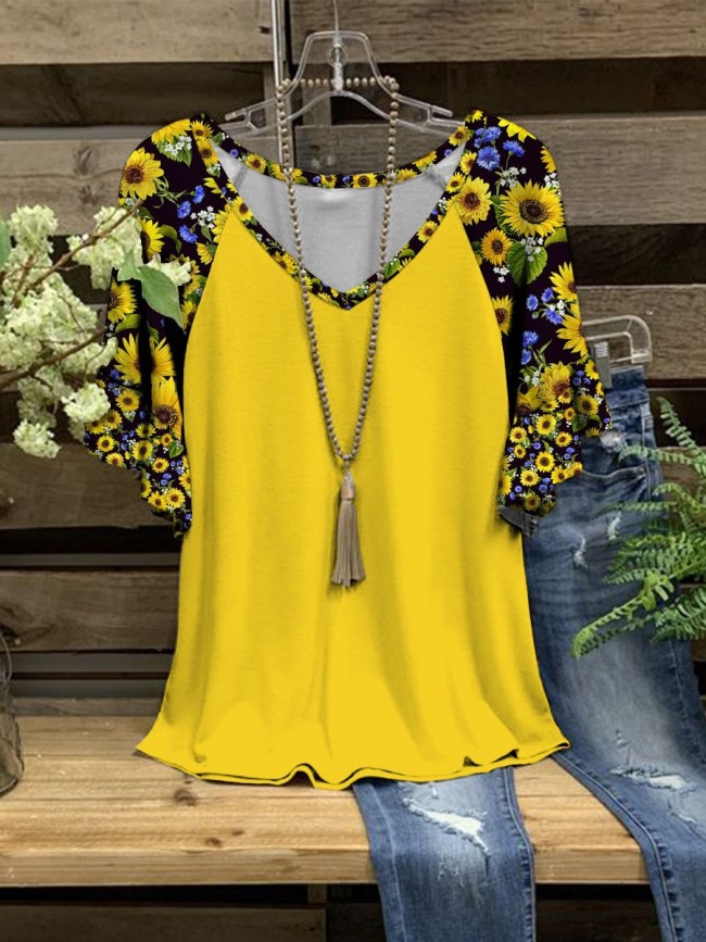 Women's Sunflower Floral Print T-Shirt Casual V-Neck Ruffle Short Sleeve Tee
