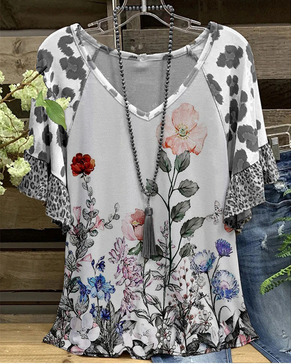 Women's Floral Print T-Shirt Casual V-Neck Ruffle Short Sleeve Tee