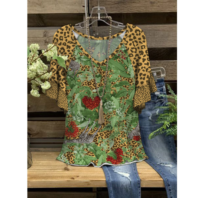 Women's Boho Spring Floral Print T-Shirt Casual V-Neck Ruffle Short Sleeve Tee