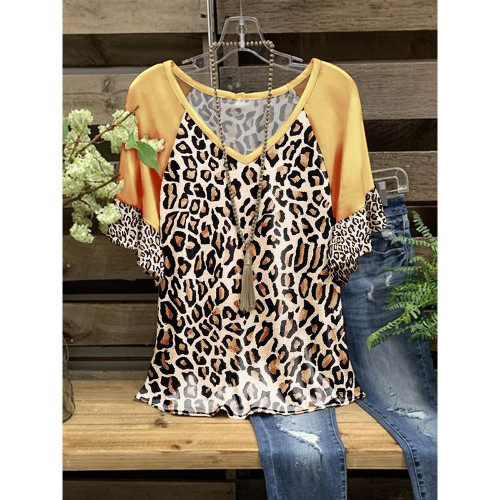 Women's 2024 Leopard T-Shirt V-Neck Ruffle Short Sleeve Tee