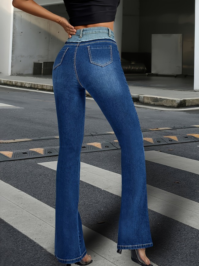 Women's Retro Denim Jeans Color Block Patchwork Flare Long Jeans