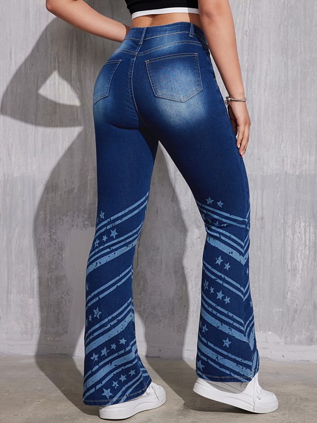 Women's Retro Denim Jeans Star Print Flare Long Jeans