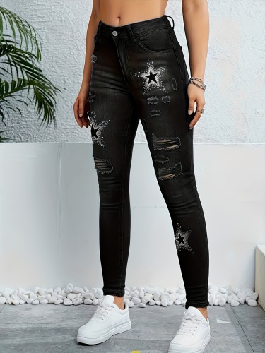Copy Women's Retro Denim Jeans Star Pattern Skinny Long Black Jeans