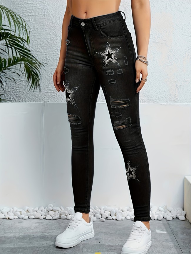 Women's Retro Denim Jeans Star Pattern Skinny Long Black Jeans