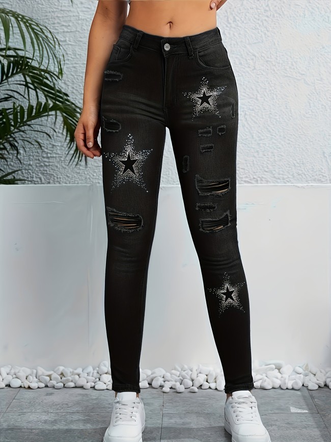 Women's Retro Denim Jeans Star Pattern Skinny Long Black Jeans