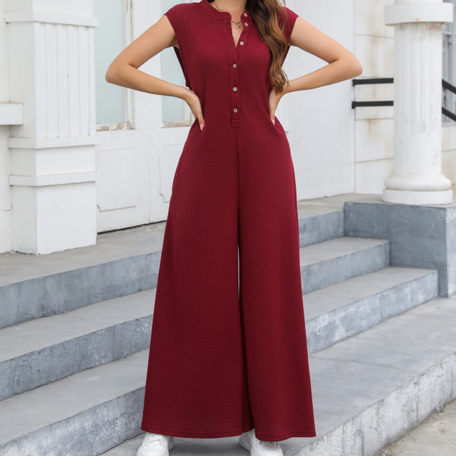 Women's 2024 Casual Jumpsuit Summer Sleeveless Single Breasted Wide Leg Jumpsuit One Piece