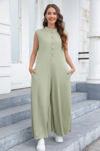 Women's 2024 Casual Jumpsuit Summer Sleeveless Single Breasted Wide Leg Jumpsuit One Piece