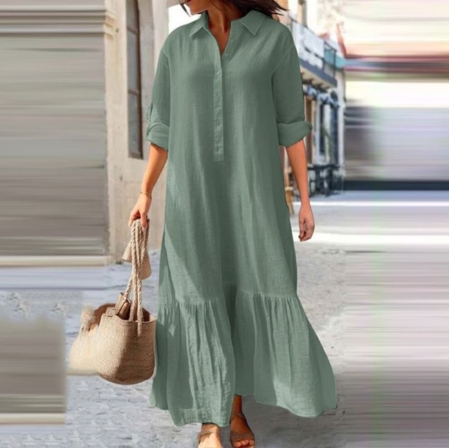 Women's 2024 Casual Dress Cotton Linen Lapel Long Sleeve Solid Maxi Dress