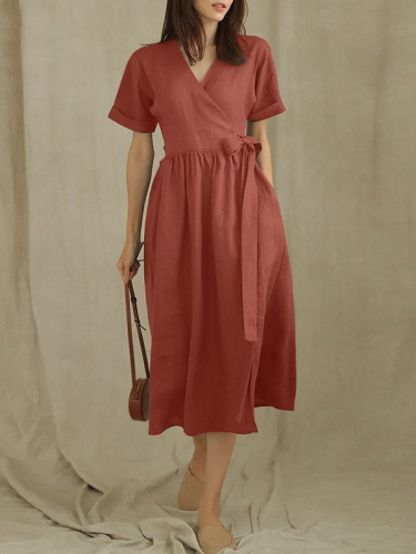 Women's 2024 Casual Dress Cotton Linen V Neck Short Sleeve Midi Dress