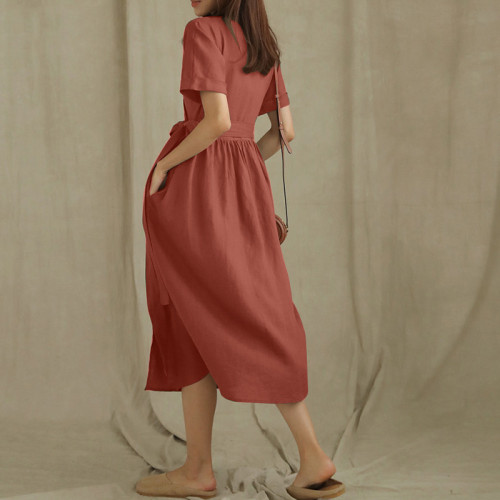 Women's 2024 Casual Dress Cotton Linen V Neck Short Sleeve Midi Dress