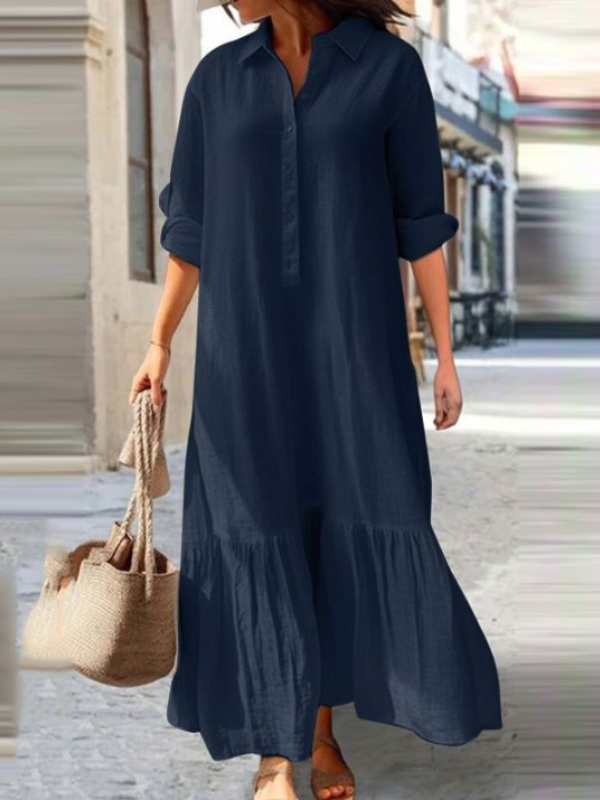 Women's 2024 Casual Dress Cotton Linen Lapel Long Sleeve Solid Maxi Dress