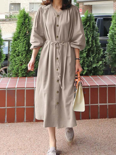 Women's 2024 Casual Dress Cotton Linen V Neck Long Sleeve Single Breasted Maxi Dress