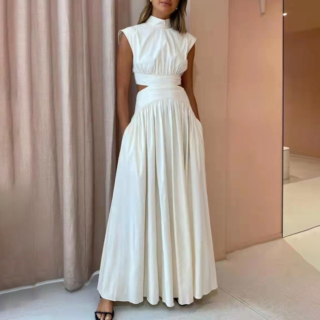 Women's High End Wedding Party Dress Summer Maxi Dress Stand Collar Sleeveless Cut Out Solid Color Dres