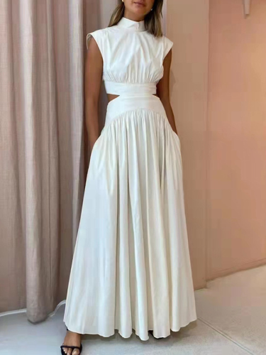 Women's High End Wedding Party Dress Summer Maxi Dress Stand Collar Sleeveless Cut Out Solid Color Dres