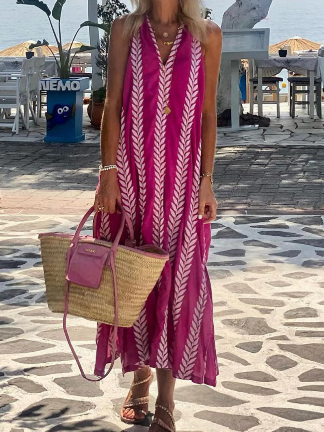 Women's 2024 Vacation Dress V-Neck Pink Long Maxi Holiday Dress