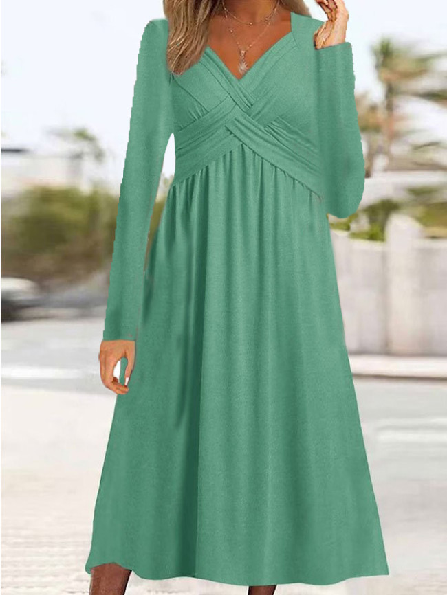 Women's 2024 Casual Dress V-Neck X Pleated Long Sleeve Midi Dress