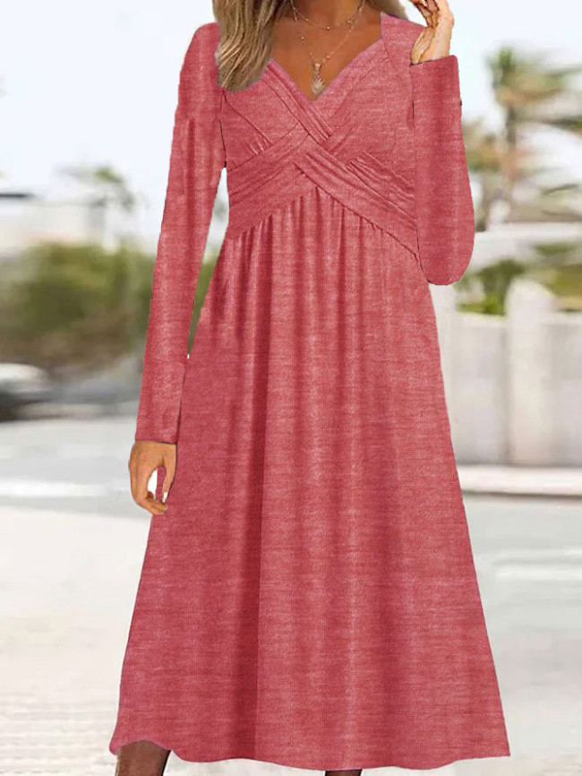 Women's 2024 Casual Dress V-Neck X Pleated Long Sleeve Midi Dress
