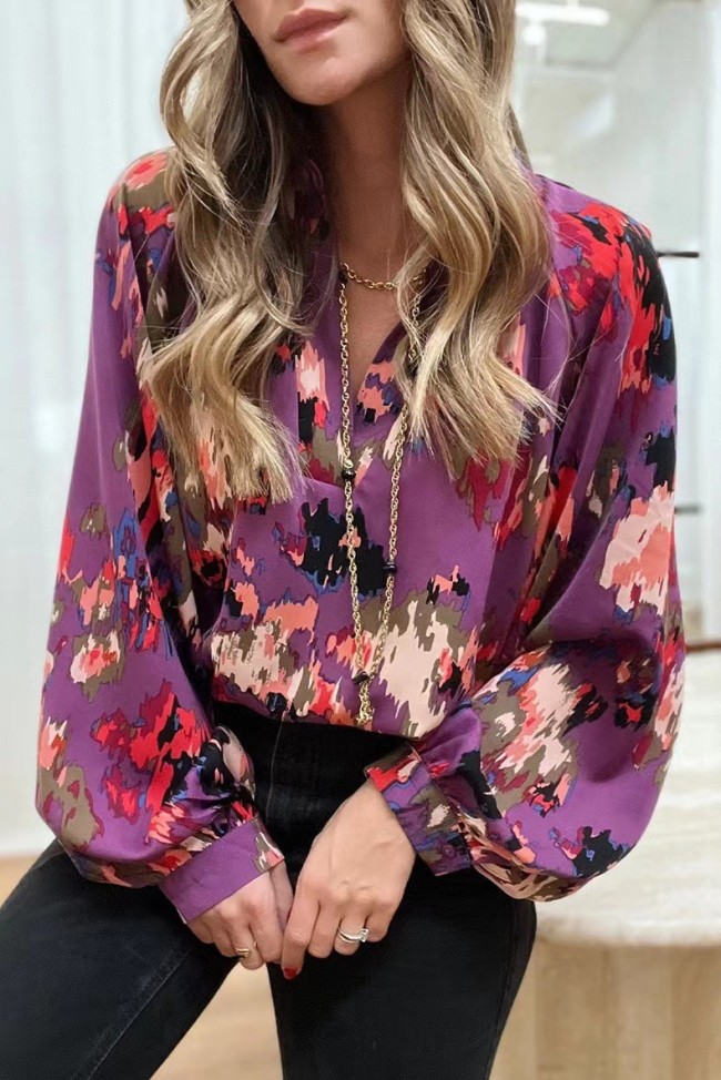 Women's V-neck Ruffle Long Sleeved Loose Blouse Top Floral Print Shirt