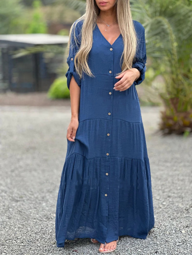 Women's Summer Solid Dress V-Neck Long Sleeve Loose Holiday Maxi Dress