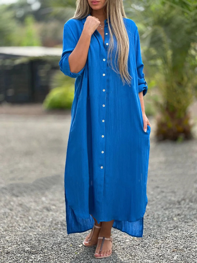Women's Cotton Linen Shirt Dress Lapel Long Sleeve Single Breasted Solid Maxi Dress